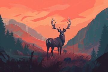 Deer on the mountain landscape illustration