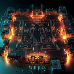 Circuit board plan with neon glow created with Generative AI technology.