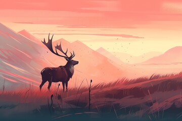 Deer on the mountain landscape illustration
