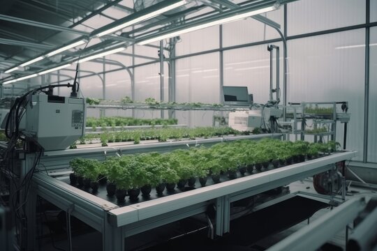 Technology automation of agriculture. System control robot during quality control and harvesting hydroponic vegetables in a greenhouse.