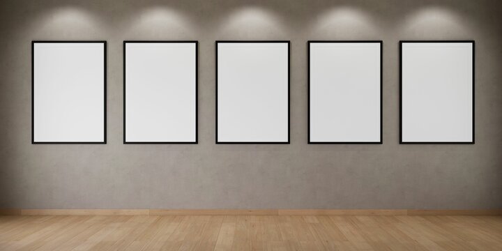 5 cadres vides accrochés sur un mur avec des spots, illustration pour intégration, rendu 3d
