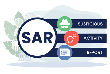 sar - suspicious activity report acronym. business concept background. vector illustration concept with keywords and icons. lettering illustration with icons for web banner, flyer - obrazy, fototapety, plakaty