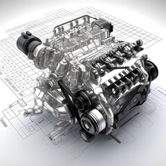 Car engine design plan over white background. Created with Generative AI technology.

