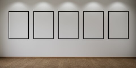 5 cadres vides accrochés sur un mur blanc avec des spots, illustration pour intégration, rendu 3d
