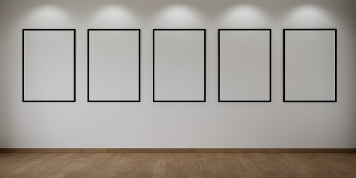 5 cadres vides accroch&eacute;s sur un mur blanc avec des spots, illustration pour int&eacute;gration, rendu 3d
