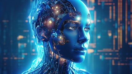 Naklejka na ściany i meble Cyborg bionic girl, machine learning, neural netowk and artificial intelligence, future technology, futuristic sci-fi background. Generative AI.