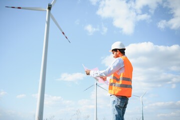 Portrait of focused indian man standing on field with wind turbines