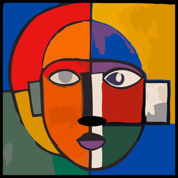Illustration Art Style Cubiste T&ecirc;te Femme Visage Couleurs Expression Tableau Peinture Moderne Dessin Fragments Psychologie