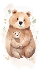 Mama bear and baby, cute drawing illustration. Generative Ai