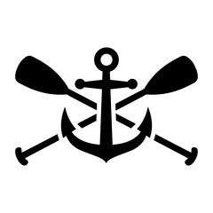 Logo nautical. Silueta de ancla de barco con remos cruzados de kayak, canoa o paddle surf