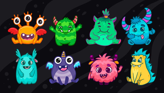 set of funny cartoon monsters. Cute Monsters on black background. Kids character design for posters, baby products and packaging design. Happy Halloween.