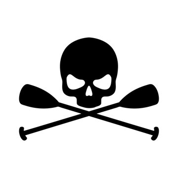 Logo club de pirag&uuml;ismo. S&iacute;mbolo pirata con silueta de cr&aacute;neo con remos cruzados de kayak, canoa o paddle surf