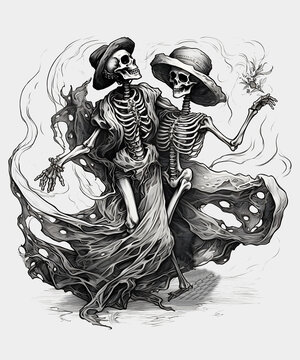 Skeletons dancing with joy. Dancing forever. Generative AI