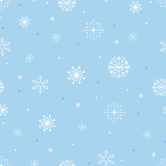 Seamless pattern with Cute snowflakes in different size with White dot and Stars on Blue Sky background,Vector seamless for Christmas, Winter New Year 2024 Holiday,Wrapping Paper,Fabric,Textile