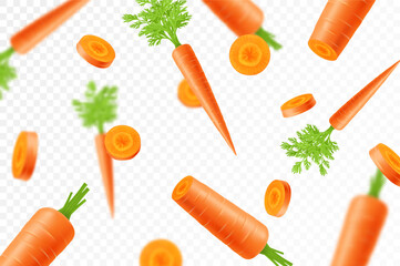 Falling carrots isolated on transparent background. Flying whole and sliced vegetable with blurry effect. Can be used for advertising, packaging, banner, poster, print. realistic 3d design