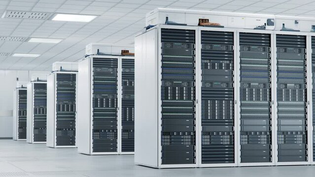 Artificial Intelligence Training Cluster. Inside Large Bright and Clean Working Data Center with Rows of White Server Racks Cabinets. Supercomputer and Advanced Cloud Computing Concept. 
