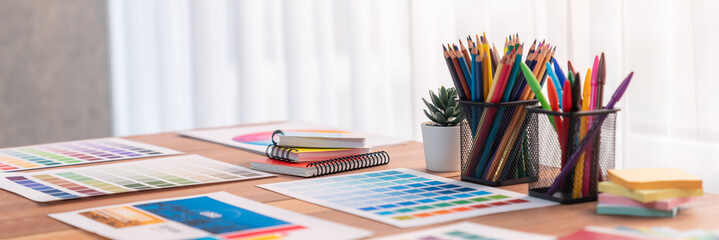 Panorama shot of various color palette idea papers arranged neatly on workspace table for graphic design concept. Color swatches and selection for unique digital art design. Scrutinize