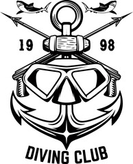 Vintage diver mask with anchor and sharks. Nautical sailor helmet with anchor. Sailor emblem. Design element