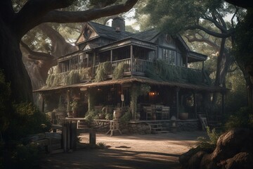 Old tavern surrounded by trees. Generative AI