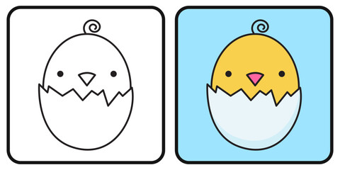 Coloring book for children. Coloring page. A chick peeks out of an eggshell. A newborn chick. Vector illustration. © Mayartlab