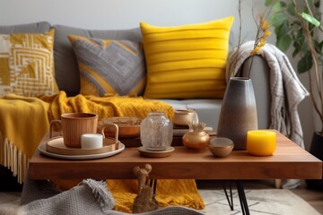 Fototapeta na wymiar fabric pillow yellow sofa house cushion modern interior grey decor home. Generative AI.
