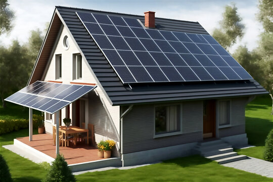 Solar photovoltaic panels on a house roof. post processed Generated AI image
