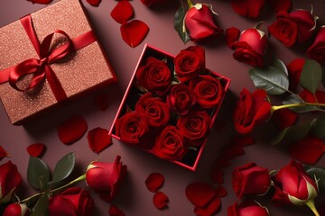Top view of an open gift box with red roses on a colored background. Generative AI