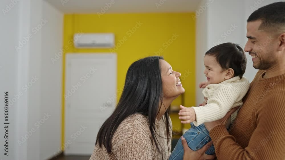 Sticker couple and son kissing and hugging each other standing at home