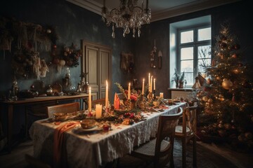 Fototapeta na wymiar Christmas Eve with decorated tree and festive table. Generative AI