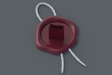 Seal wax with shopping bag on gray background. 3d render