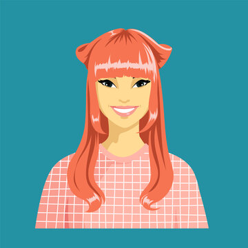 Portrait of a girl with pink hair. Asian appearance. Young woman with loose long hair, bangs and ears. Dressed in pink clothes. Avatar on a blue background. Cartoon, vector.