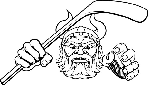 A viking hockey sports mascot cartoon character holding a stick and puck