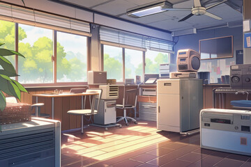 Obraz premium Office interior with bright afternoon sunlight coming in from window, Generative AI