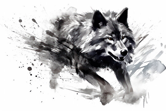 Ink painting wolf full of dynamism, Generative AI