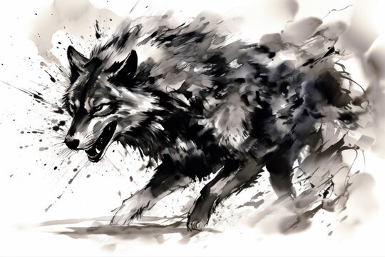 Ink painting wolf full of dynamism, Generative AI