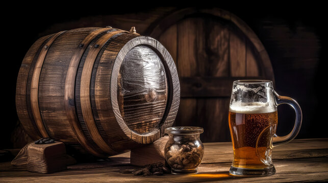 Mug of beer with wheat, barley and barrels on background. Still life. Copy space. Ai generated. Generative AI