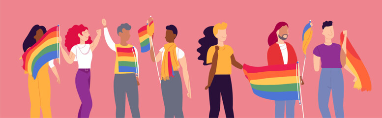 A crowd of people with an LGBTQ+ flag. Human rights peaceful protest. Rainbow banner vector LGBT pride month illustration
