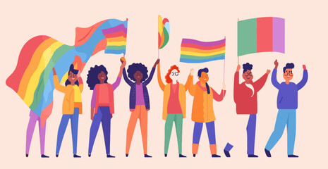 A crowd of people with an LGBTQ+ flag. Human rights peaceful protest. Rainbow banner vector LGBT pride month illustration
