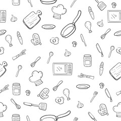 Kitchen and cooking seamless pattern with cute black and white doodle style suitable for background or wallpaper