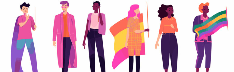 A crowd of people with an LGBTQ+ flag. Human rights peaceful protest. Rainbow banner vector LGBT pride month illustration
