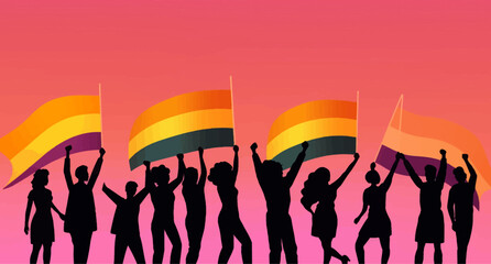 A crowd of people with an LGBTQ+ flag. Human rights peaceful protest. Rainbow banner vector LGBT pride month illustration
