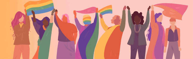 A crowd of people with an LGBTQ+ flag. Human rights peaceful protest. Rainbow banner vector LGBT pride month illustration
