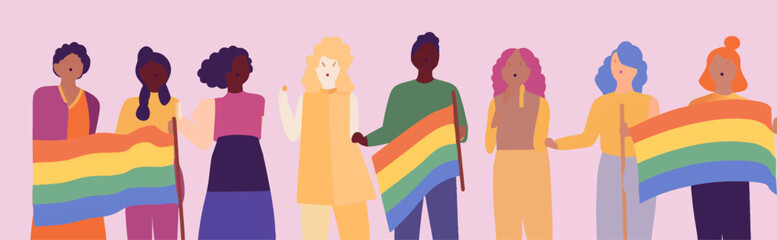 A crowd of people with an LGBTQ+ flag. Human rights peaceful protest. Rainbow banner vector LGBT pride month illustration
