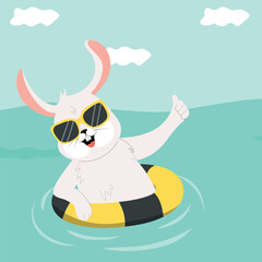 Cute baby rabbit having fun in water. Hello summer card with bunny. Vector illustration