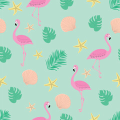 Obraz na płótnie Canvas Cute summer pattern with flamingo. Tropical trendy seamless pattern. Design for fabric, wallpaper, textile and decor.