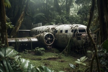 Fototapeta premium Plane accident jungle. Generate Ai
