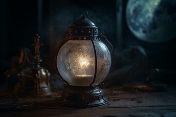 A mystical lunar orb in a enchanted atmosphere alongside a lantern. Generative AI