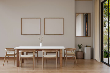 Interior design of a minimal Scandinavian dining room with wooden dining table