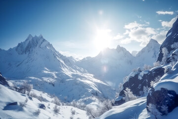 High snowy mountains and evergreen trees covered with snow. Winter landscape of snowy mountains with and white fir trees under sunlight and blue sky with clouds in the background. Generative AI