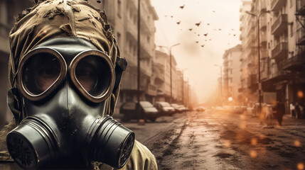 Person with a gas mask on a destroyed street - obrazy, fototapety, plakaty